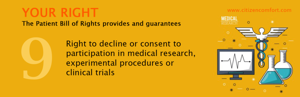 Right to decline or consent to participation in medical research, experimental procedures or clinical trials